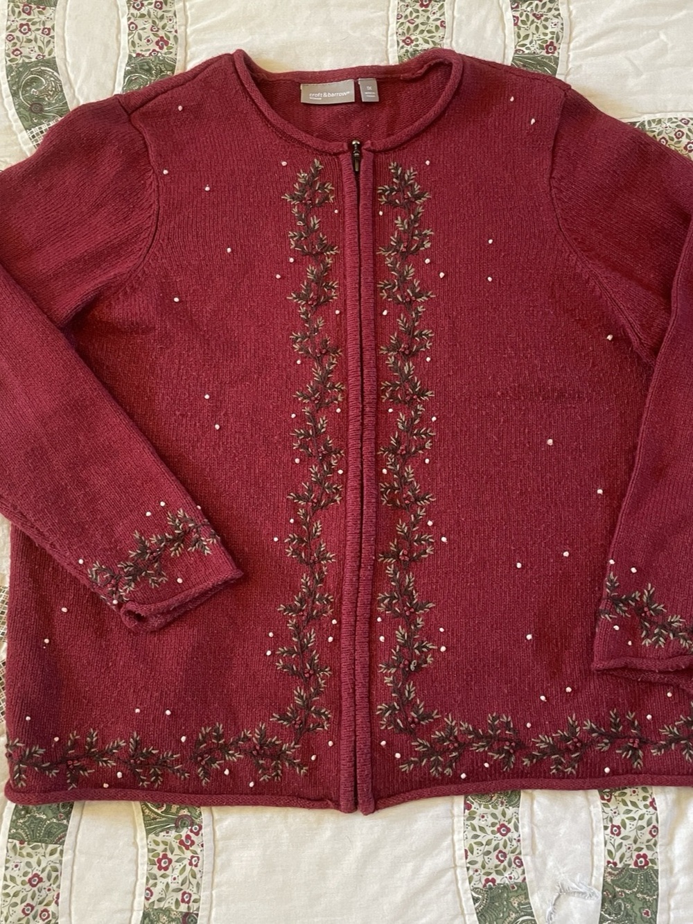 Vintage Croft & Barrow Red Embroidered Zip Sweater Cardigan Size 1X Cottagecore